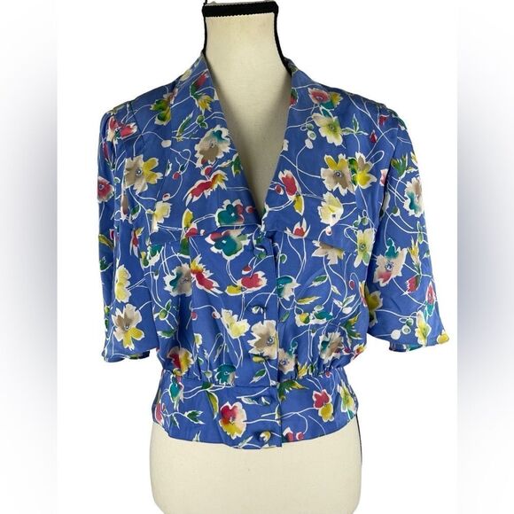 Uni Collections 100% silk floral button up short sleeve shirt blouse sz 10 - Picture 1 of 6